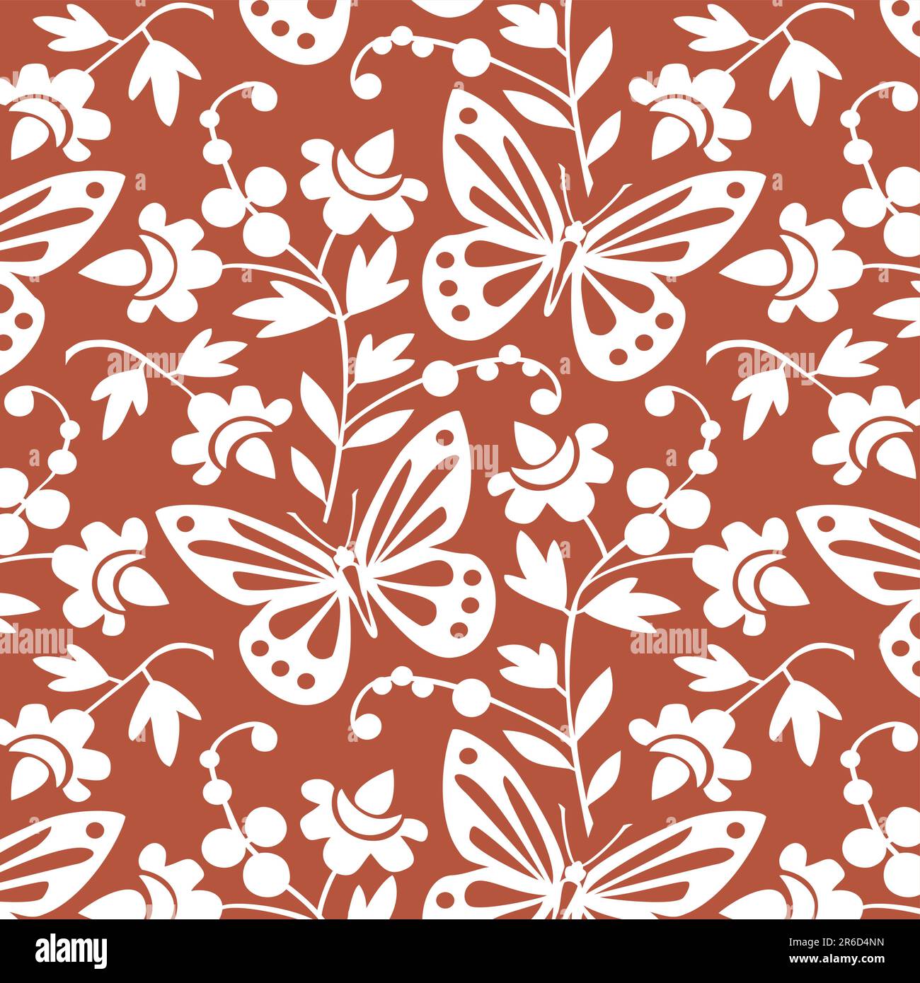 Red and white seamless pattern, butterflies and flowers vector ...