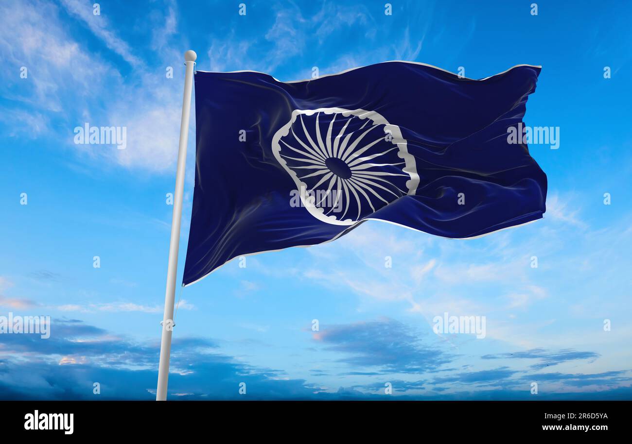 flag of Indo-Aryan ethnoreligious groups Dalit Buddhists at sky , panoramic view. flag representing ethnic group or culture, regional authorities. cop Stock Photo