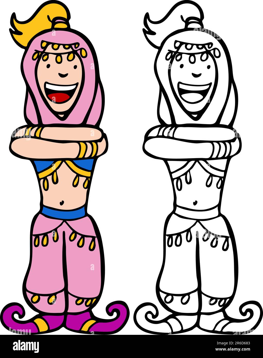 Cartoon image of a girl dressed as a genie color and black/white