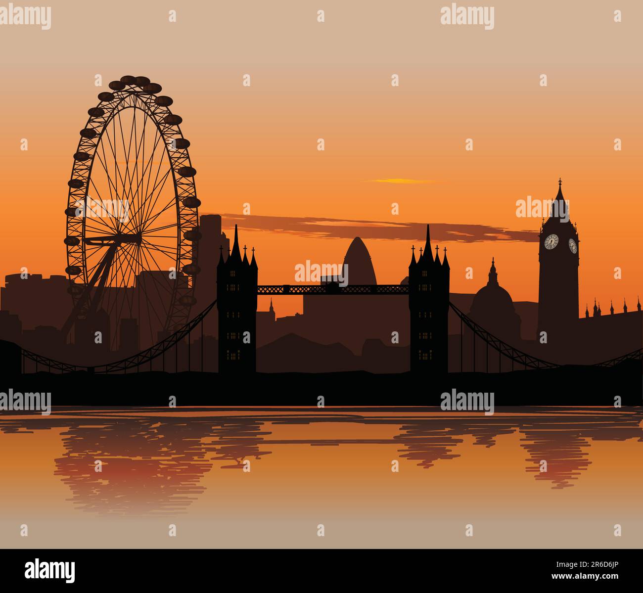 Vector illustration of London skyline at sunset with reflection on the Thames Stock Vector