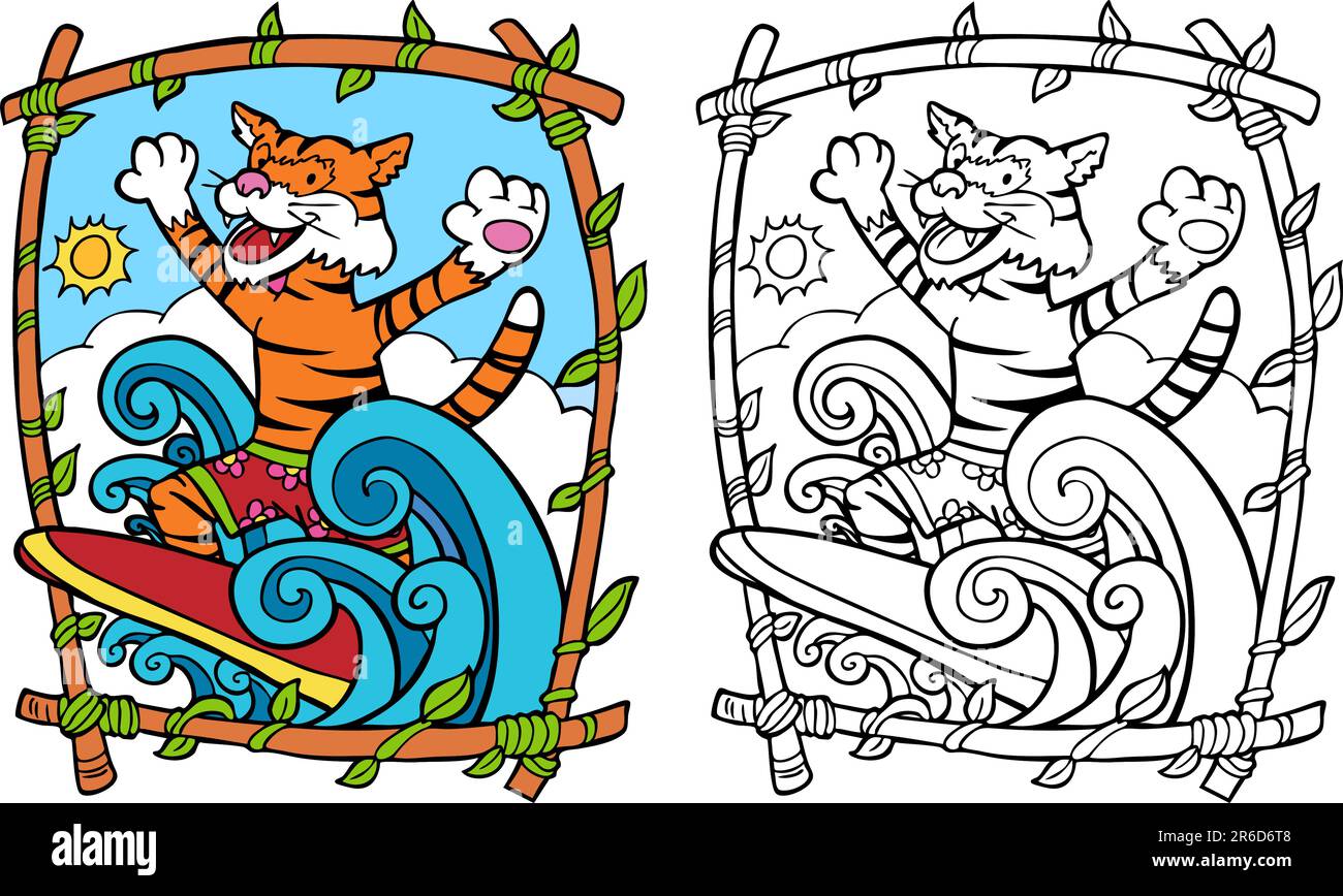 Cartoon image of a surfing tiger - color and black/white versions. Stock Vector