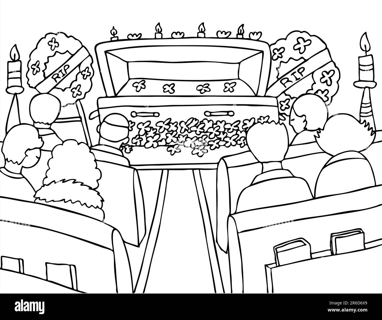 People mourn a lost loved one at a funeral - black and white version. Stock Vector