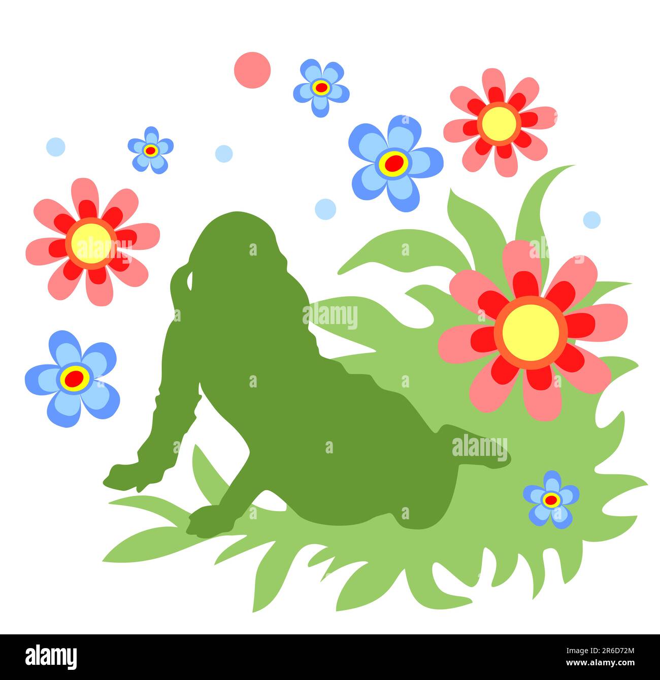 Sitting girl silhouette with flowers on a white background. Stock Vector