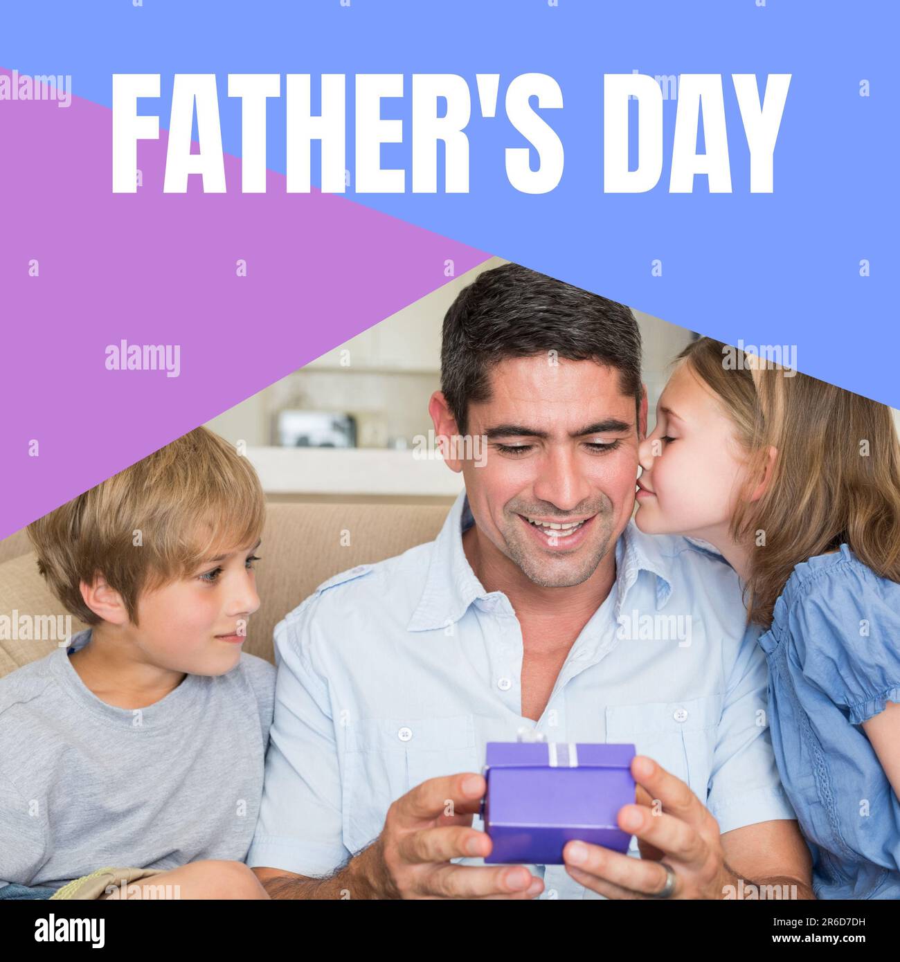 Composite of father's day text and caucasian father holding gift and sitting with boy and girl Stock Photo