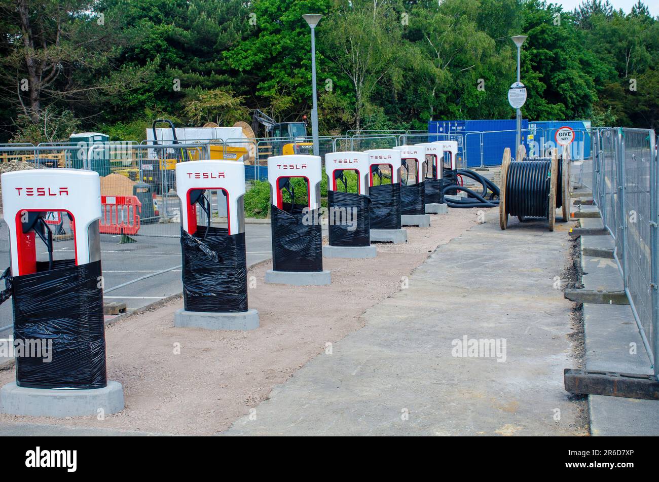 London, UK, 3 June 2023 Tesla charging points being installed. EV charging points at Pease