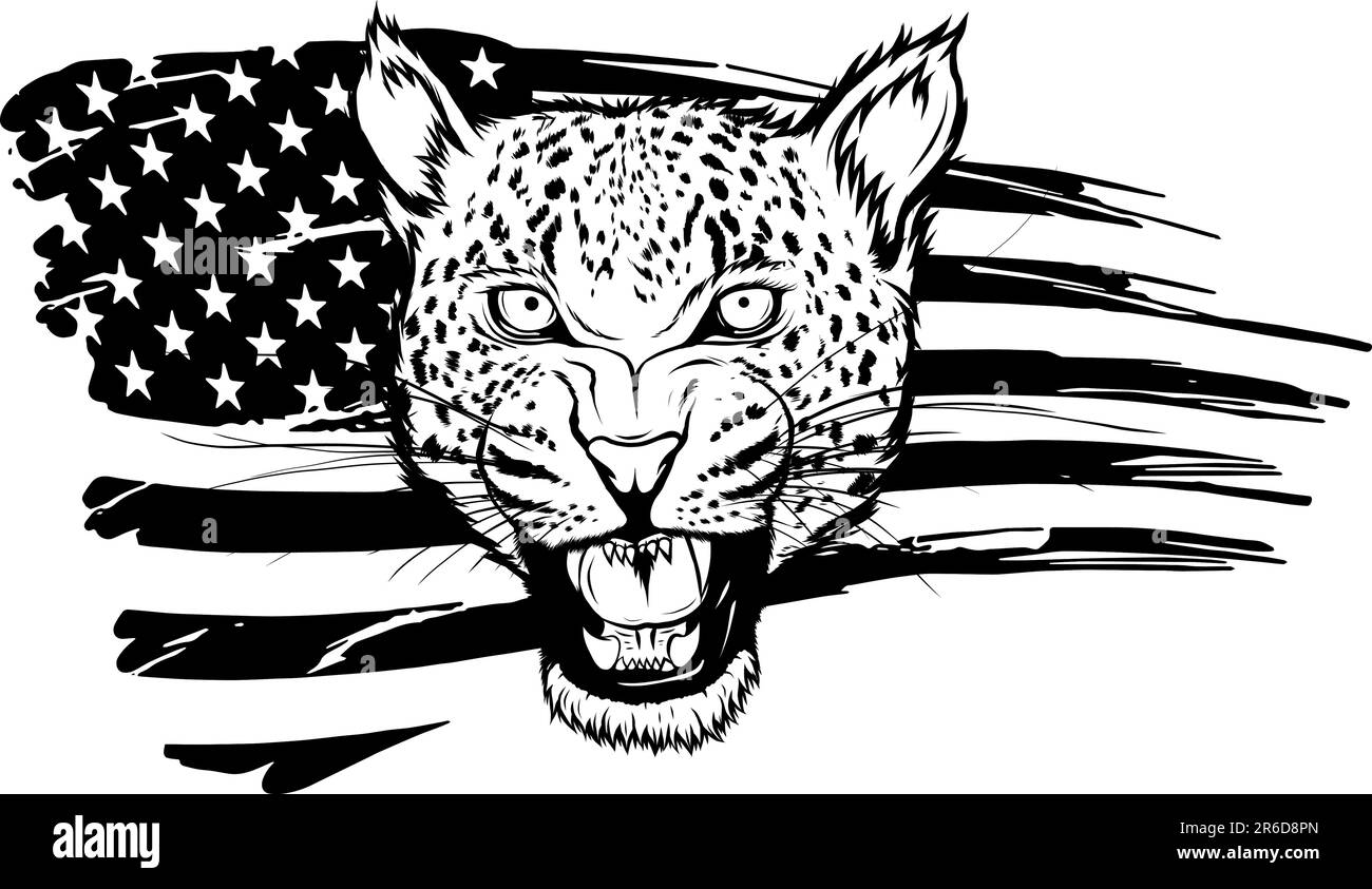 vector illustration of monochrome head leopard with american flag Stock Vector