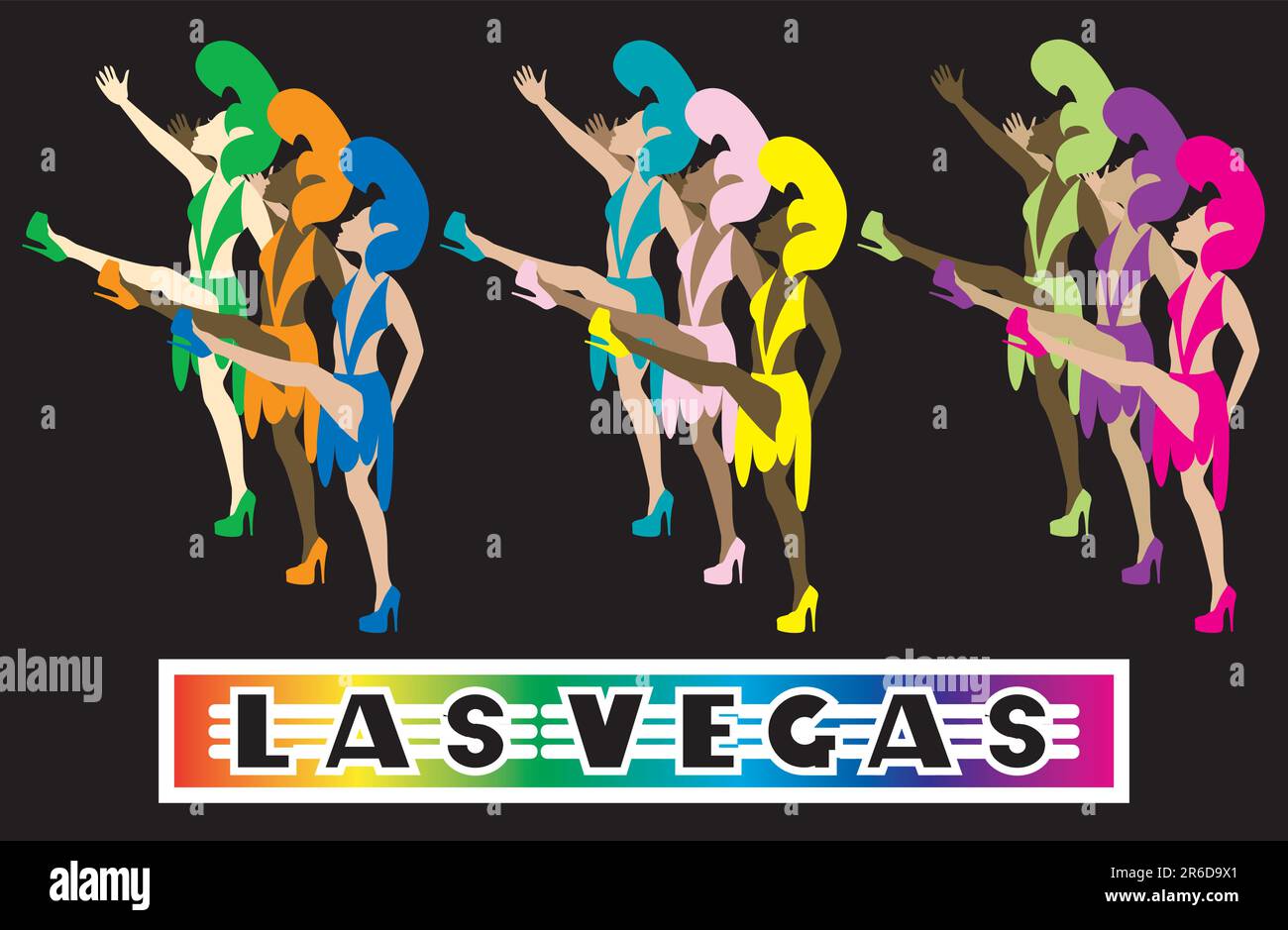 Las Vegas Showgirl Dancers performing with high kicks. Used tiltawhirl font. Stock Vector
