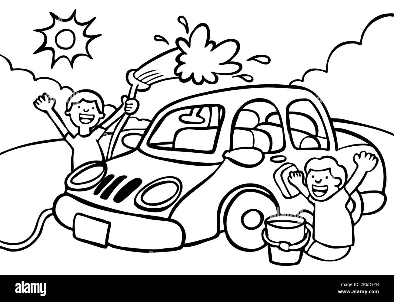 Cartoon image of two kids washing a car - black / white version. Stock Vector