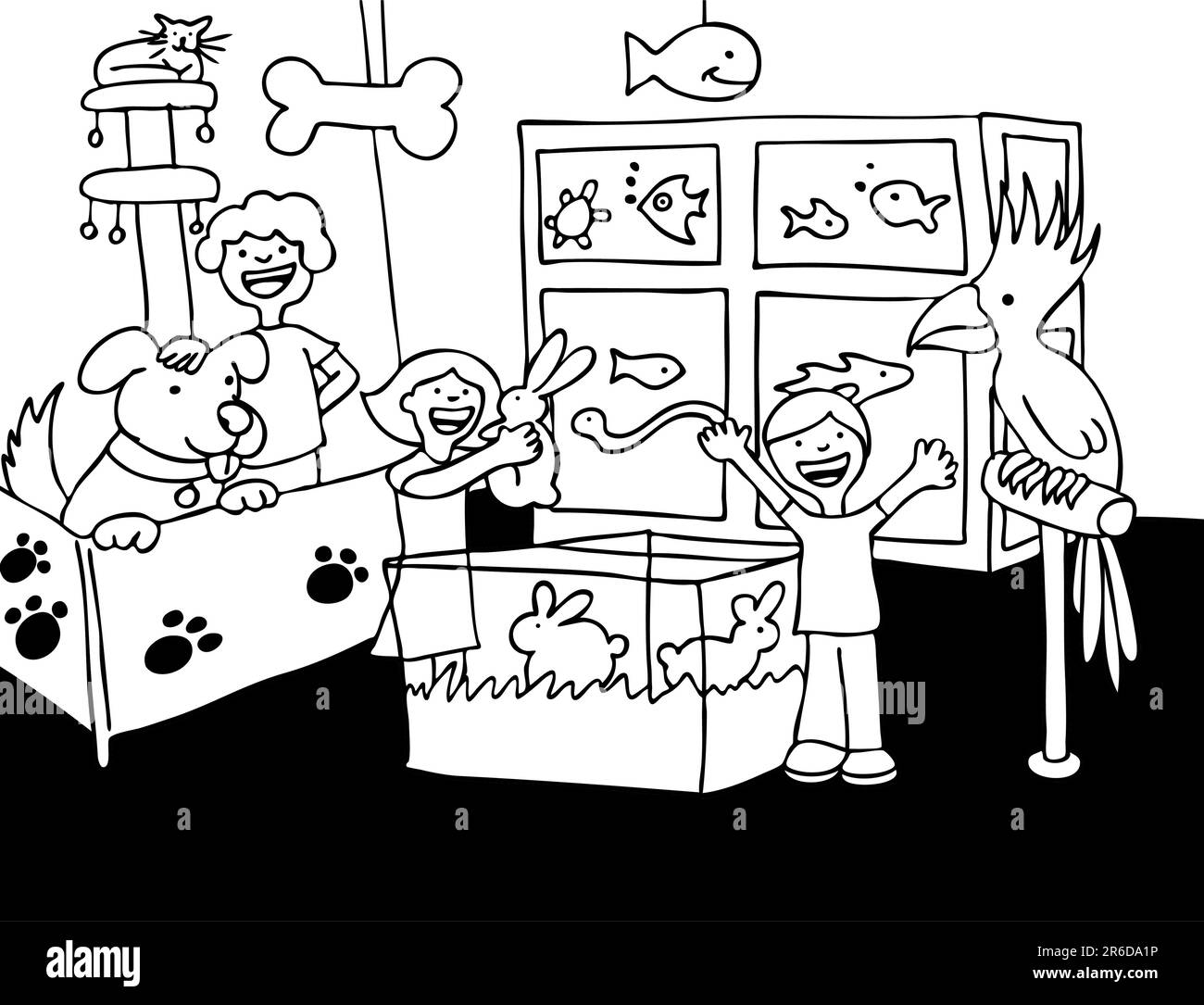 Children look at animals in a pet store - black and white version. Stock Vector