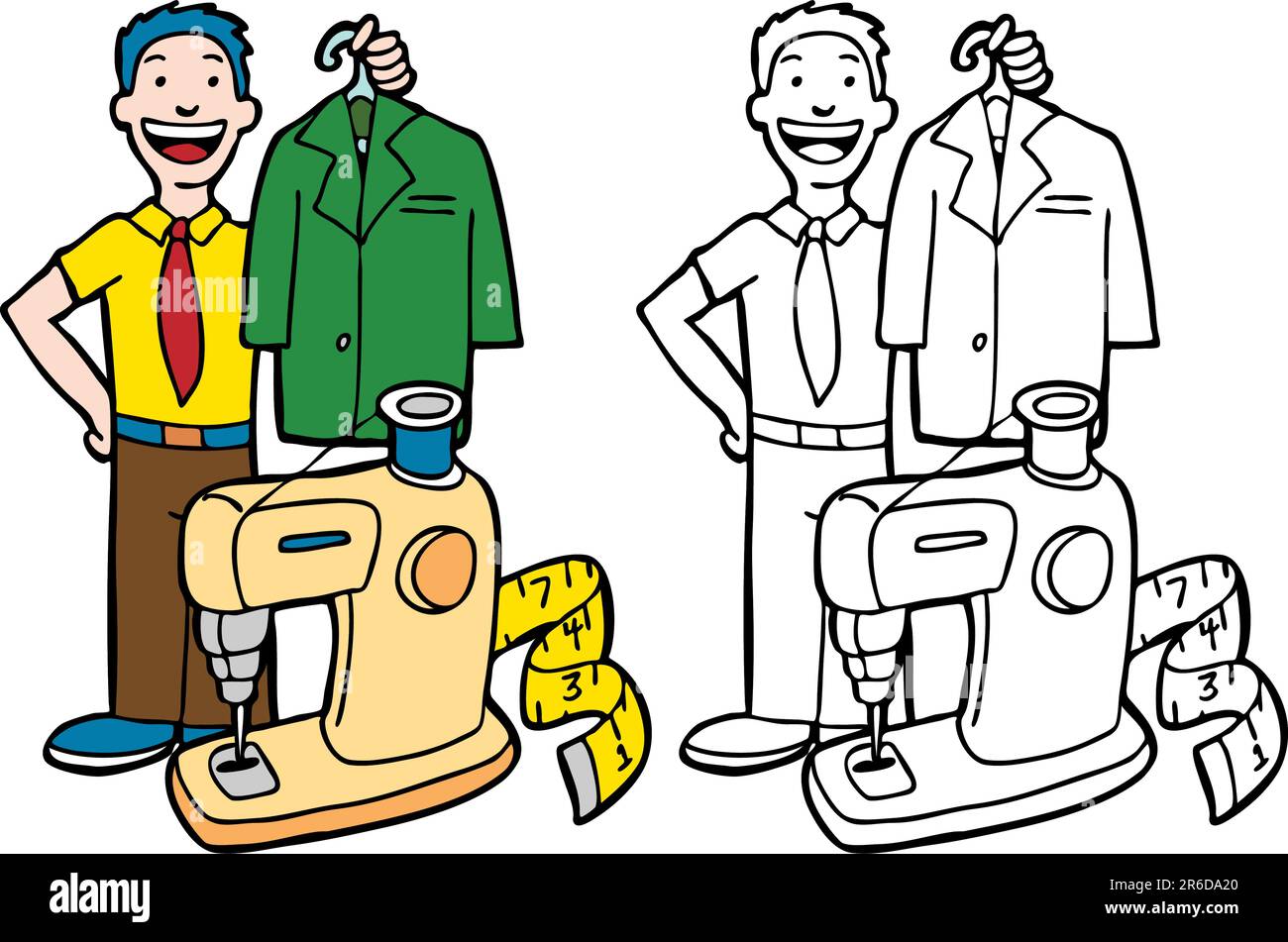Cartoon image of a tailor professional - color and black/white versions. Stock Vector