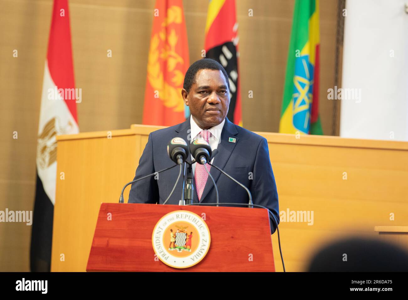 Lusaka, Zambia. 8th June, 2023. Zambian President Hakainde Hichilema speaks during the 22nd Common Market for Eastern and Southern Africa (COMESA) Heads of State and Government Summit in Lusaka, Zambia, June 8, 2023. The 22nd Common Market for Eastern and Southern Africa (COMESA) Heads of State and Government Summit opened here Thursday, with leaders calling for accelerated efforts to achieve economic integration. Credit: Peng Lijun/Xinhua/Alamy Live News Stock Photo