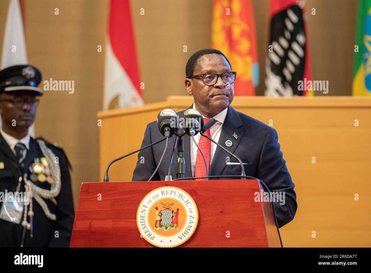 Lusaka, Zambia. 8th June, 2023. Malawian President Lazarus Chakwera speaks during the 22nd Common Market for Eastern and Southern Africa (COMESA) Heads of State and Government Summit in Lusaka, Zambia, June 8, 2023. The 22nd Common Market for Eastern and Southern Africa (COMESA) Heads of State and Government Summit opened here Thursday, with leaders calling for accelerated efforts to achieve economic integration. Credit: Peng Lijun/Xinhua/Alamy Live News Stock Photo