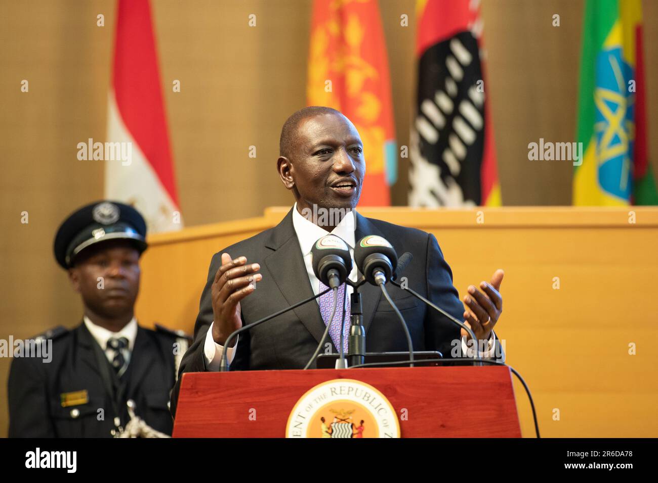 Lusaka, Zambia. 8th June, 2023. Kenyan President William Ruto speaks during the 22nd Common Market for Eastern and Southern Africa (COMESA) Heads of State and Government Summit in Lusaka, Zambia, June 8, 2023. The 22nd Common Market for Eastern and Southern Africa (COMESA) Heads of State and Government Summit opened here Thursday, with leaders calling for accelerated efforts to achieve economic integration. Credit: Peng Lijun/Xinhua/Alamy Live News Stock Photo