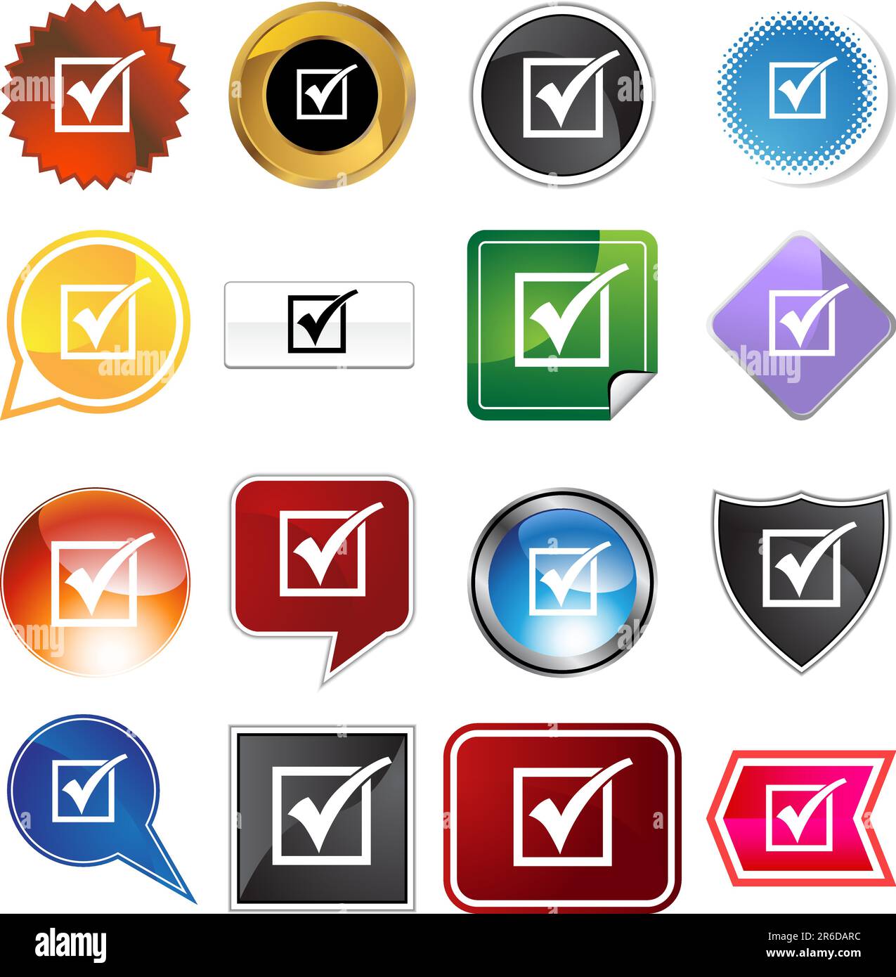 A set of 16 icon buttons in different shapes and colors check mark