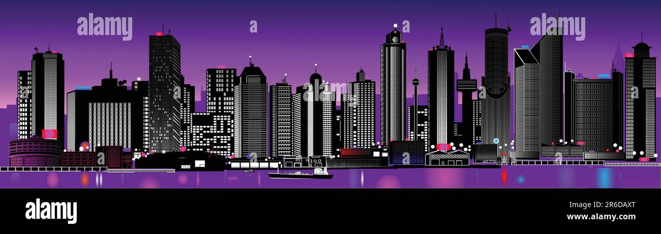 Vector illustration of a very detailed city skyline at night (each ...