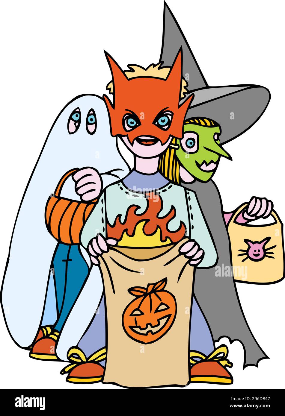 Three kids dressed as a ghost, devil and witch for Halloween. Stock Vector