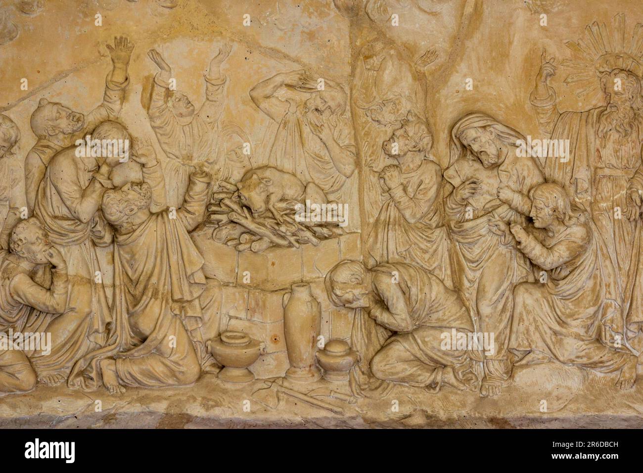 A bas-relief sculpture depicting the Prophets of Baal unsuccessfully ...