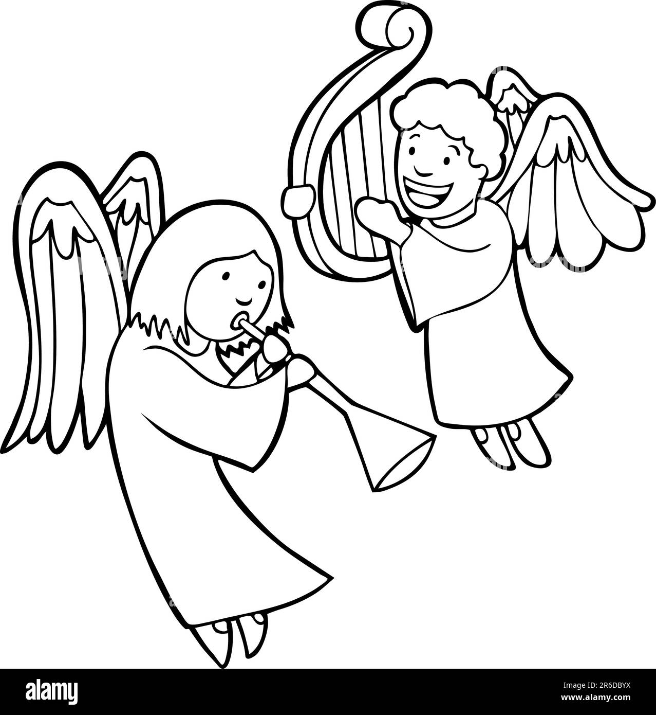 Set of 2 Angels playing horn and harp black and white Stock Vector