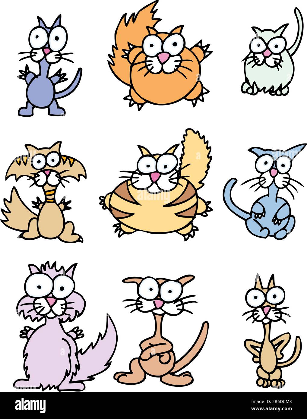 Set of 9 wacky cartoon cats. Stock Vector