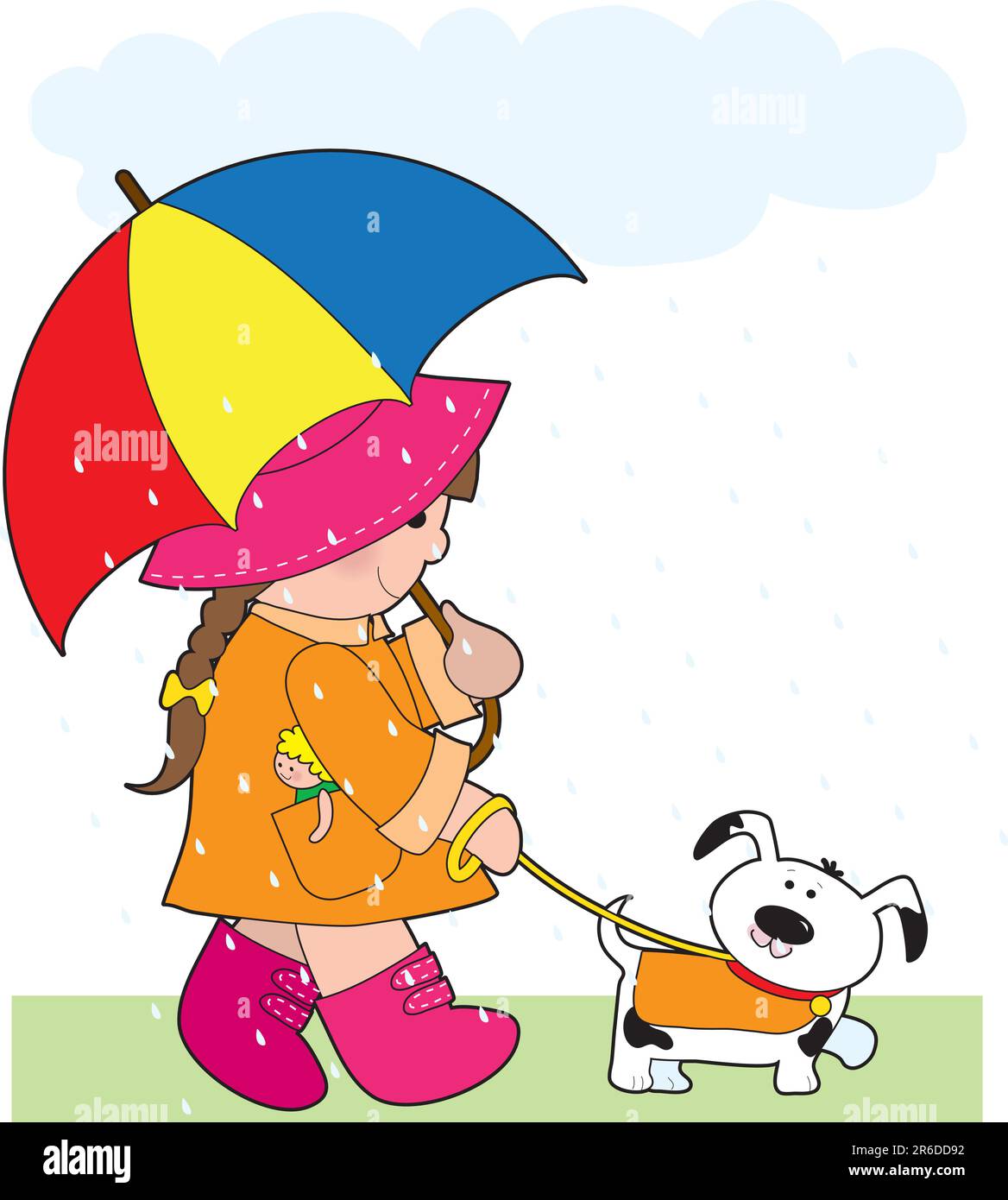 A little girl walking her dog in the rain and holding an umbrella Stock Vector