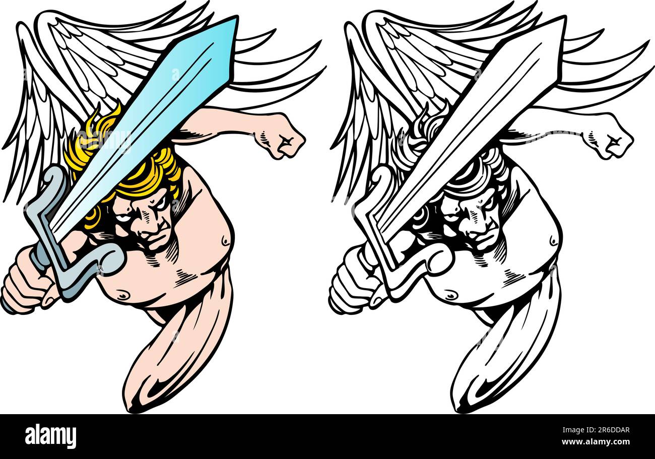 Angry angel with sword  - both color and black / white versions. Stock Vector