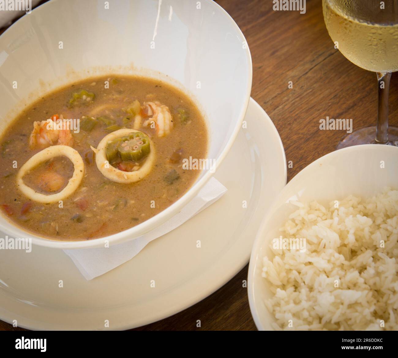 Seafood Gumbo With Wine and Coconut RIce Stock Photo