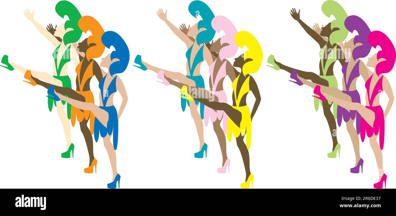 Las Vegas Showgirl Dancers with costumes giving high kicks. Stock Vector