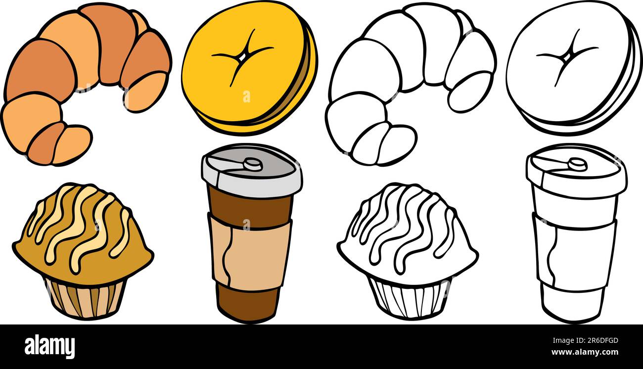 Cartoon image of different breakfast food items - both color and black / white versions. Stock Vector