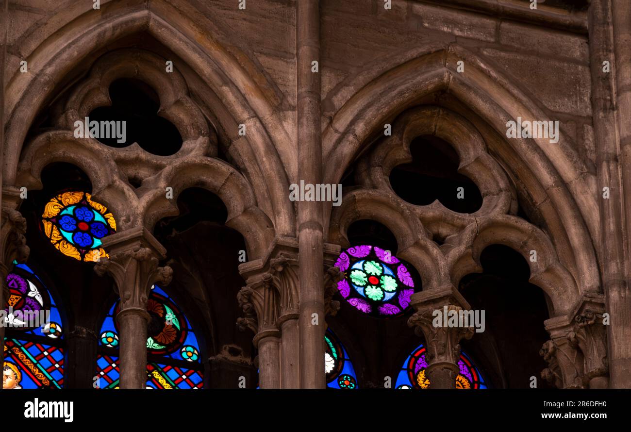Close up detail of inside St. Denis Basilica in Paris, France showing