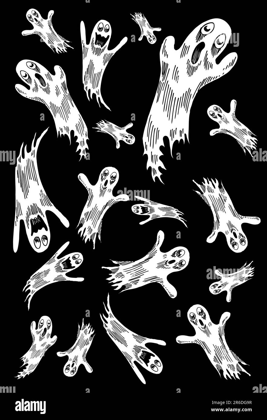 Halloween background of hand drawn flying ghosts. Stock Vector