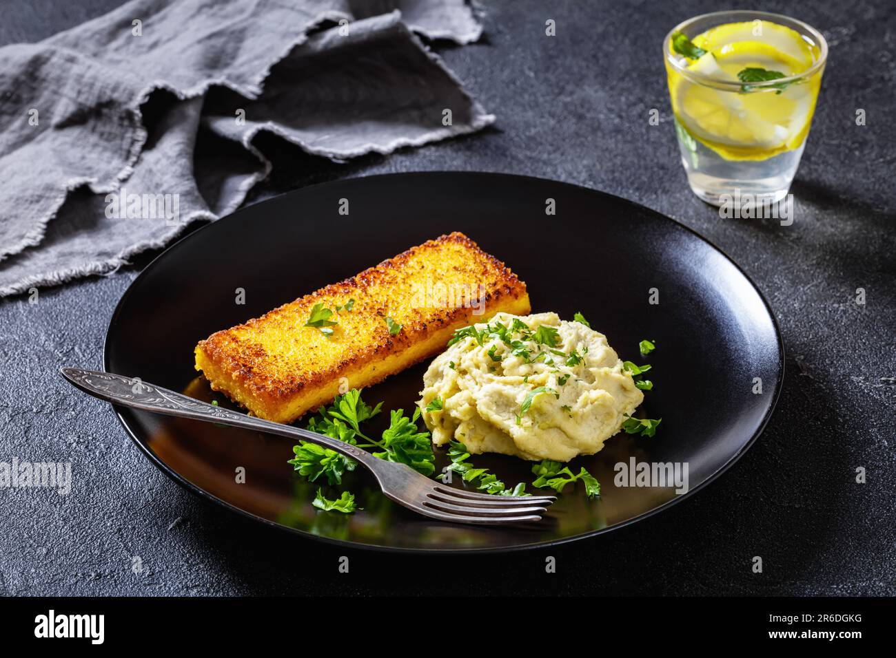 creamed salt cod fish pate with toasted polenta,, Baccala mantecato, on