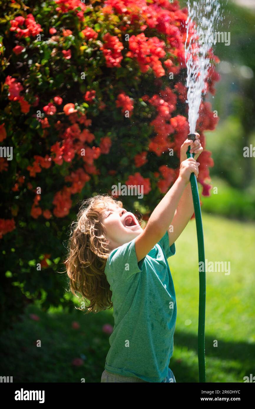 Adorable little boy is watering the plant outside the house, concept of