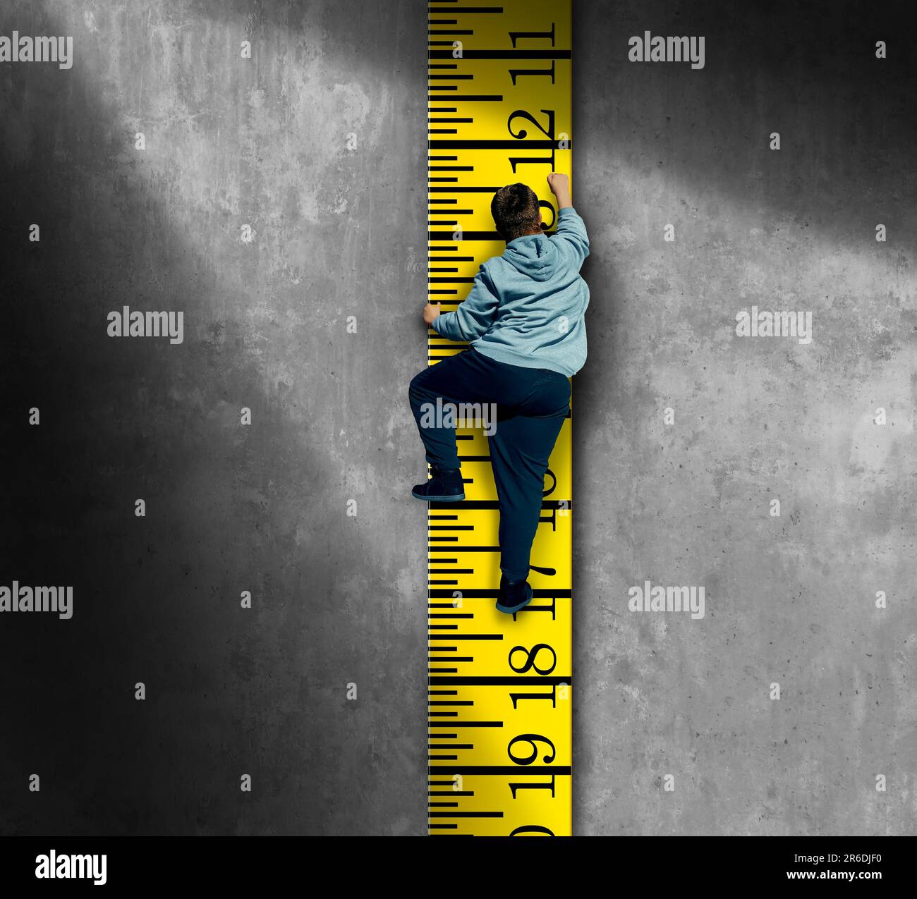 Weight Loss struggle and losing pounds as a Health and fitness or wellness lifestyle as an obese or over-weight person climbing a measuring tape as a Stock Photo