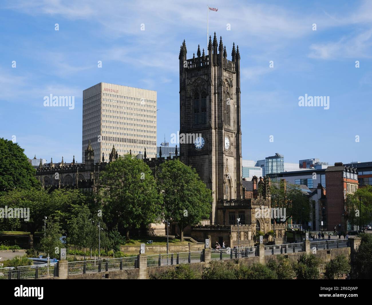 Manchester Cathedral and Arndale Tower as viewed from 100 Embankment, Cathedral Approach Stock Photo