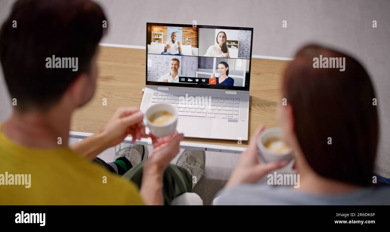 Virtual Video Conference Call Coffee Drinking Break Stock Photo
