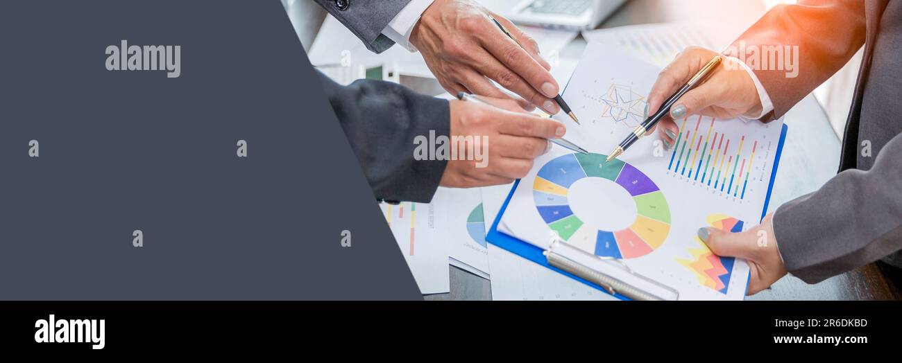 Banner of Group professional business people person working together analyze in office, work together to discuss company financial statistics report, Stock Photo