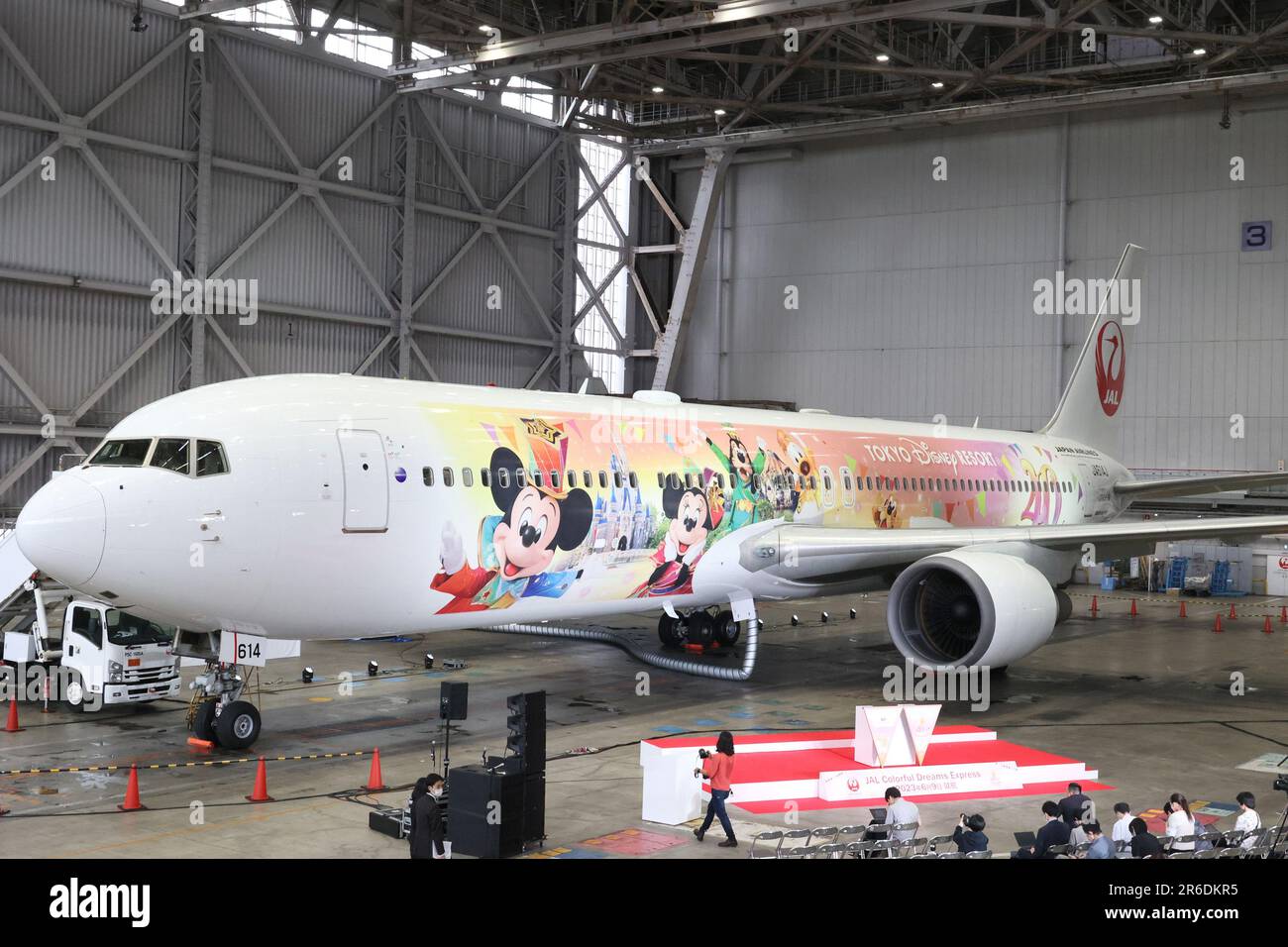 Tokyo, Japan. 9th June, 2023. Japan Airlines (JAL) and Tokyo Disney Resort operator Oriental Land display the 'JAL Colorful Dreams Express' jetliner to celebrate the Disneyland's 40th anniversary at a JAL hangar at the Haneda airport in Tokyo on Friday, June 9, 2023. The new Disney characters designed Boeing 767 launched JAL's domestic routes. (photo by Yoshio Tsunoda/AFLO) Stock Photo