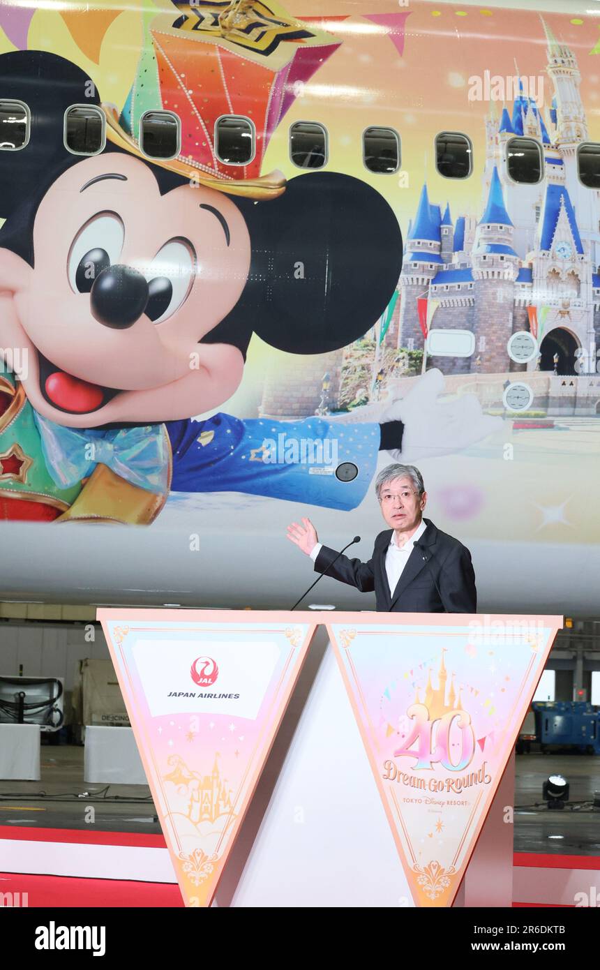Tokyo, Japan. 9th June, 2023. Japan Airlines (JAL) president Yuji Akasaka delivers a speech as JAL and Tokyo Disney Resort operator Oriental Land display the 'JAL Colorful Dreams Express' jetliner to celebrate the Disneyland's 40th anniversary at a JAL hangar at the Haneda airport in Tokyo on Friday, June 9, 2023. The new Disney characters designed Boeing 767 launched JAL's domestic routes. (photo by Yoshio Tsunoda/AFLO) Stock Photo