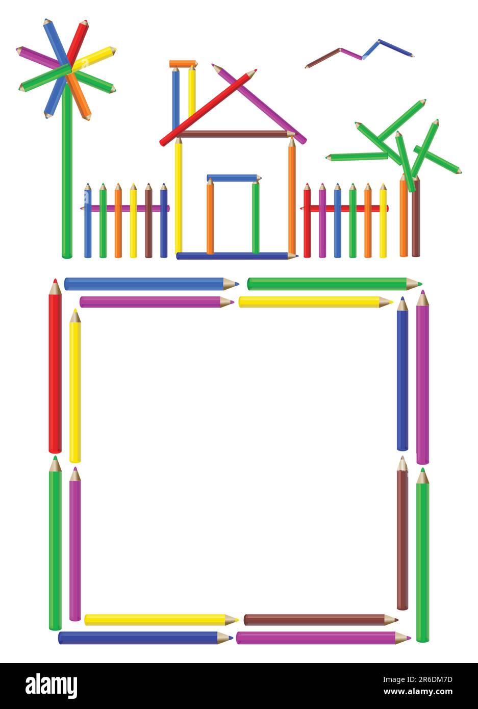 Picture of a house, garden and a frame made of color pencils Stock Vector
