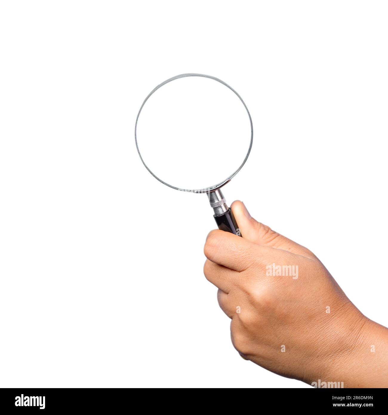 woman hand holding magnifying glass isolated on white background