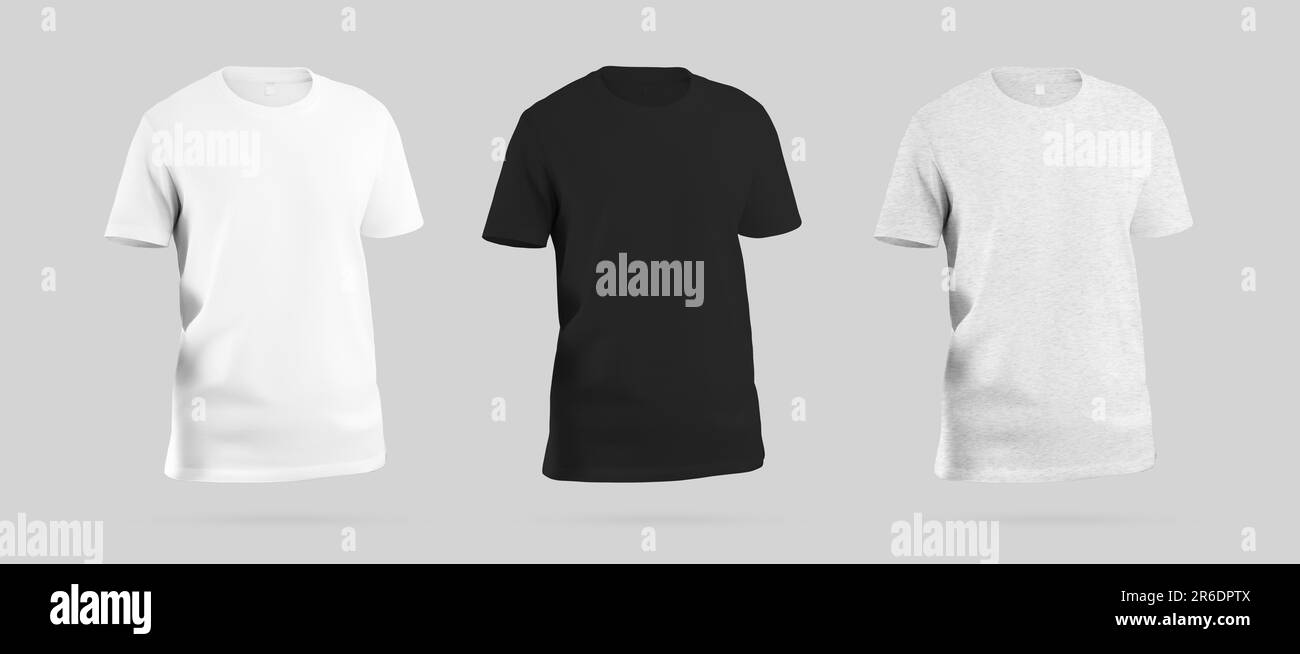 White, black, heather t-shirt template 3D rendering, with shadows, isolated on background, front. Mockup of men's shirt with label for brand, design, Stock Photo