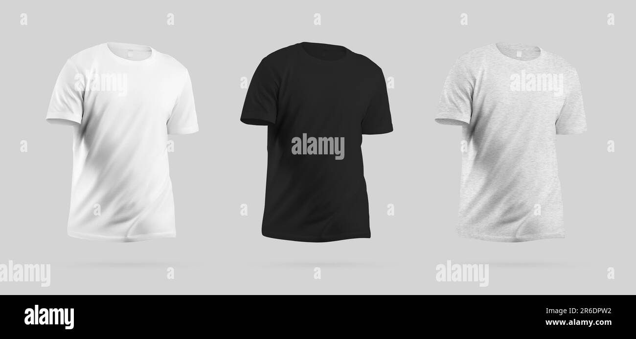 White, black, heather t-shirt template in motion, 3D rendering, with wrinkles, clothes with label for brand, design, advertising. Shirt mockup, no bod Stock Photo