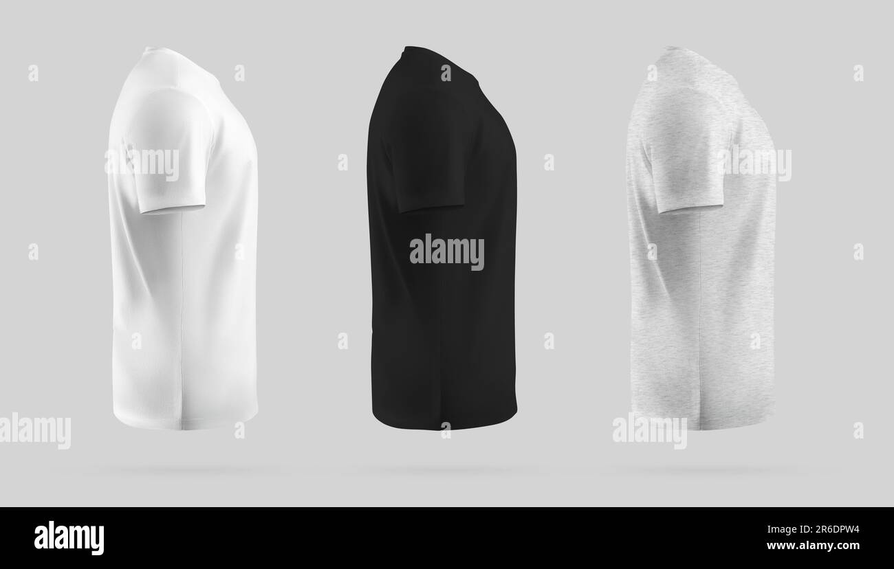 White, black, heather t-shirt mockup, side view, 3D rendering, textured clothing for branding, design, advertising. Template of a man's shirt, no body Stock Photo