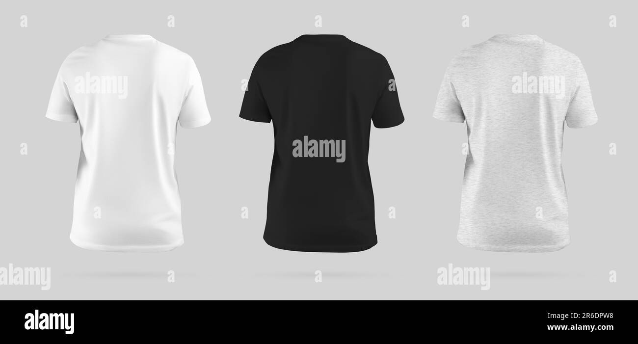 Blank white, black, heather t-shirt mockup, back view, 3D rendering, textured clothing, without body, for design, advertising. A template of a men's s Stock Photo