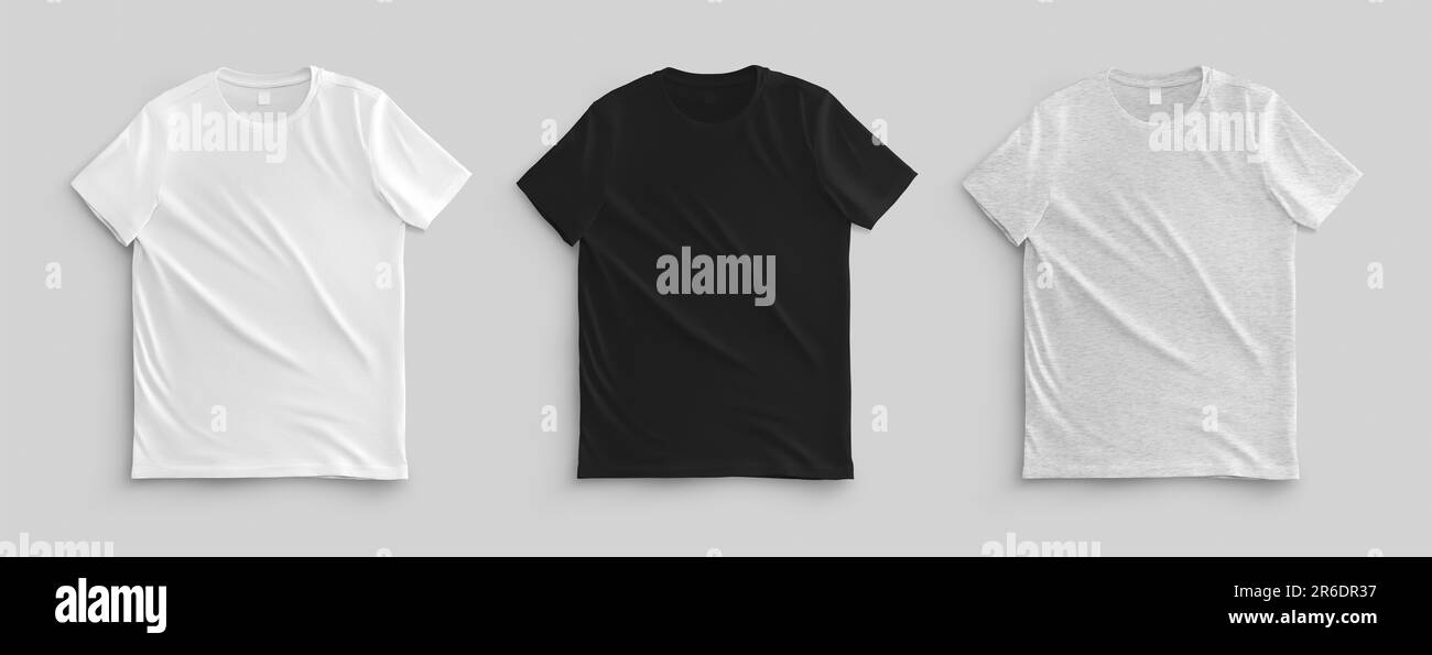 Template of white, black, heather laid out t-shirt, front view, men's clothing with label, isolated on background. Mockup shirts for branding, design, Stock Photo