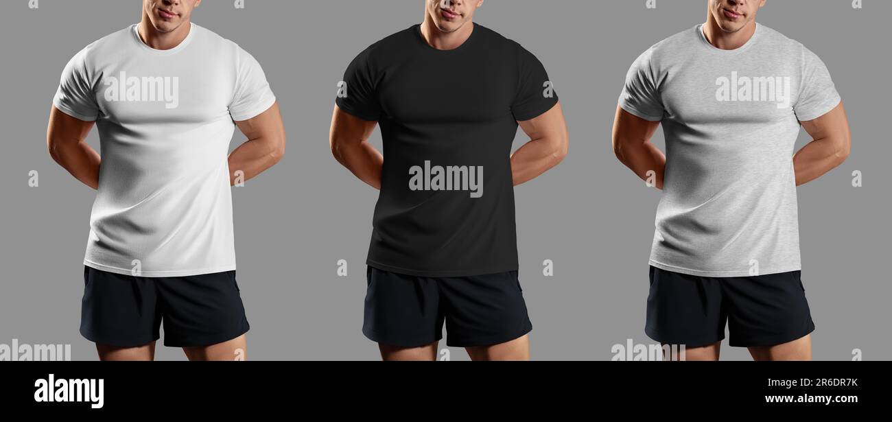 White, black, heather t-shirt mockup on athletic body with hands behind back, front view, menswear for branding, design, commerce. A set of training a Stock Photo