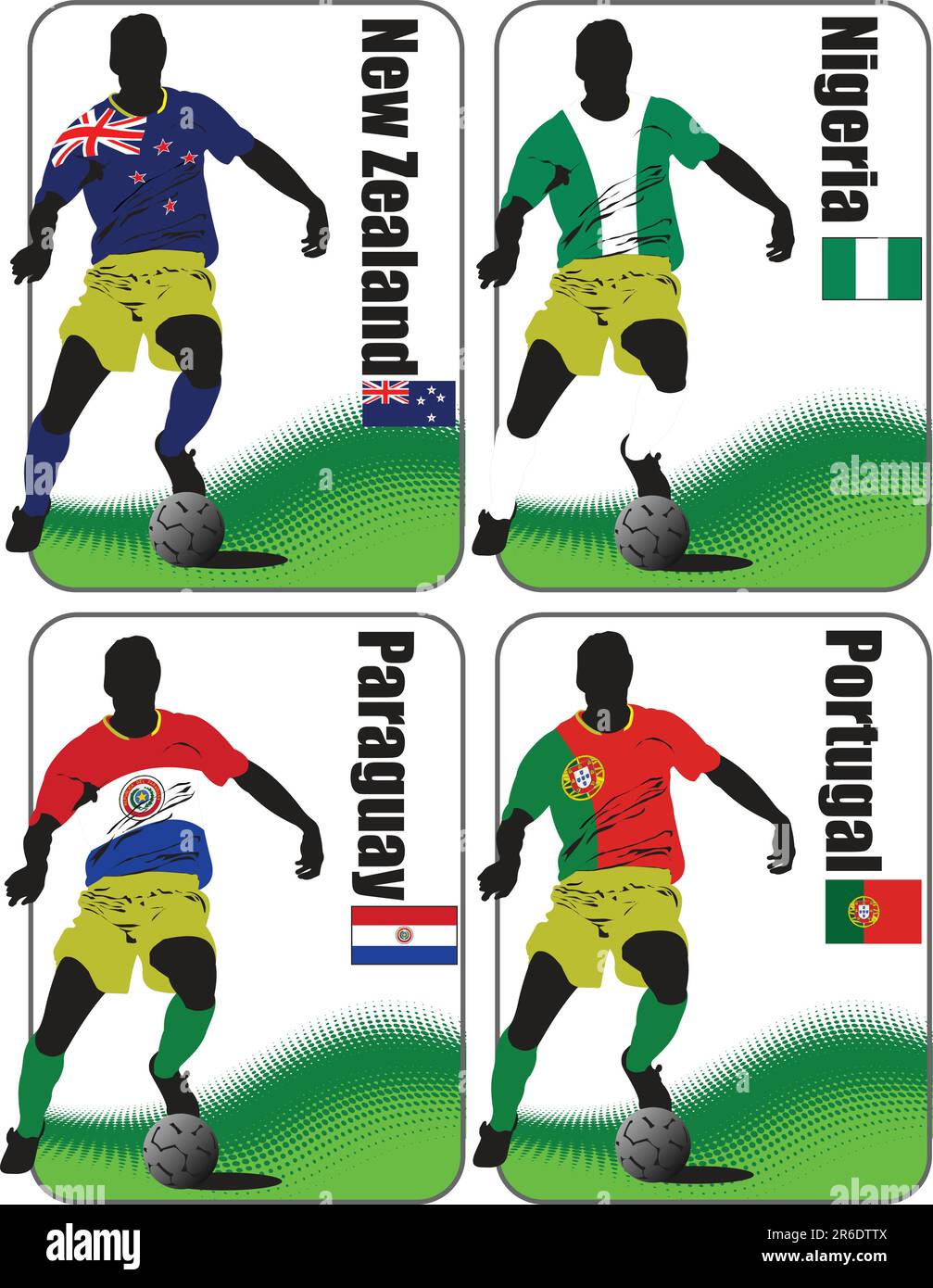 Finals of the World Soccer Cup 2010. 32 teams in T-shirts of the national flags. New Zealand, Nigeria, Paraguay, Portugal Stock Vector