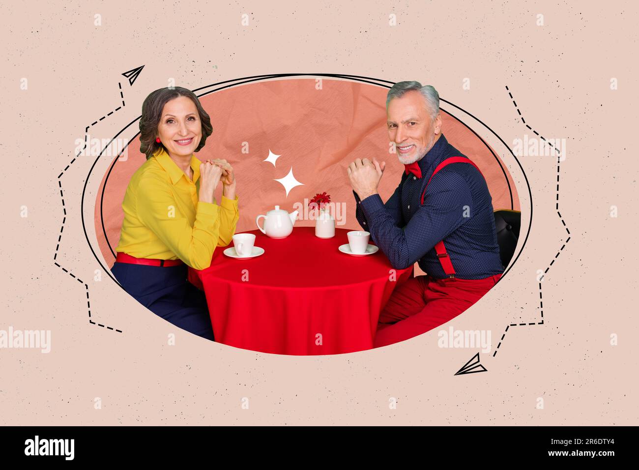 Collage picture of two positive peaceful aged people romantic date