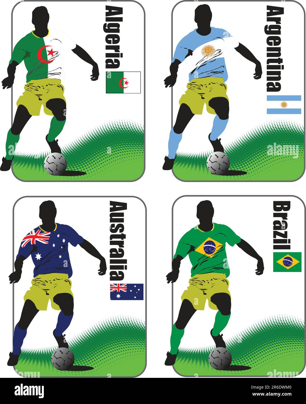 Finals of the World Soccer Cup 2010. 32 teams in T-shirts of the national flags. Algeria, Argentina, Australia, Brazil Stock Vector