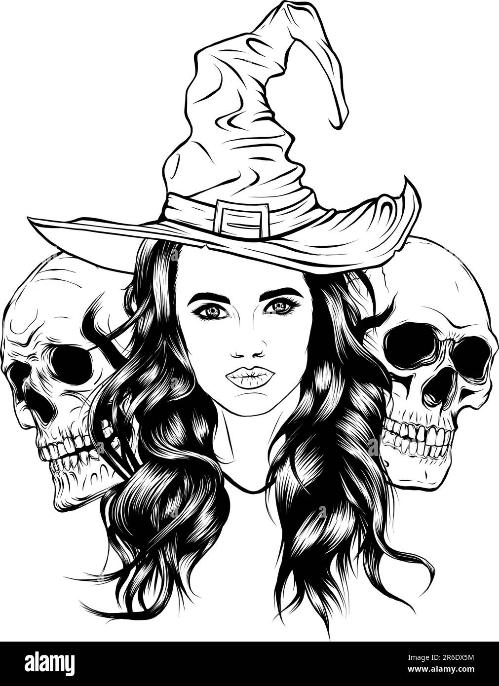 monochrome hand drawn illustration of witch and skulls Stock Vector